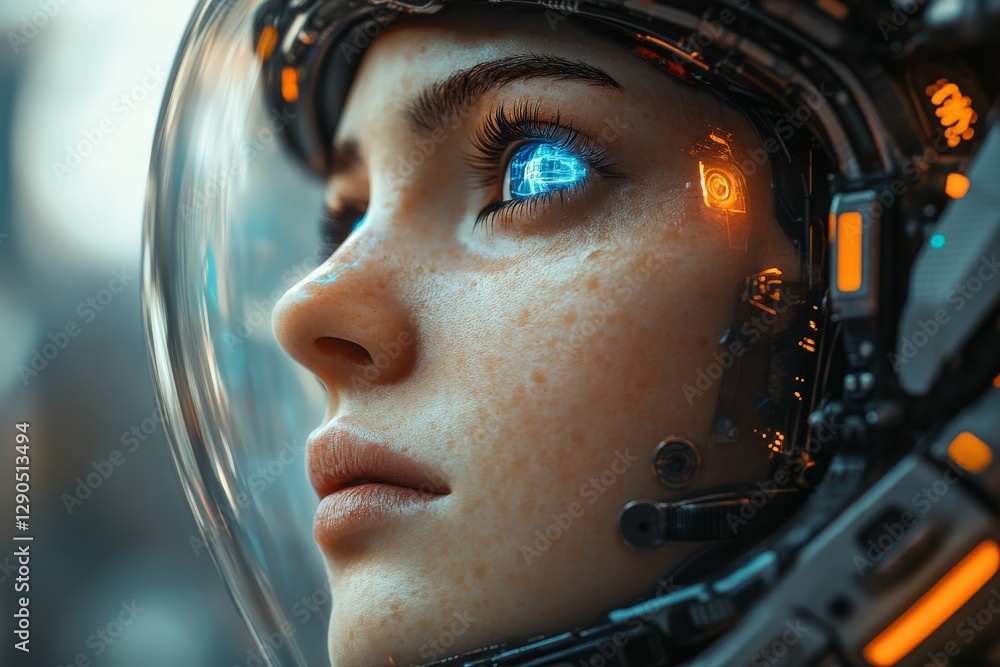 Poster Futuristic astronaut with a glowing eye explores new worlds in a high-tech environment during a space expedition