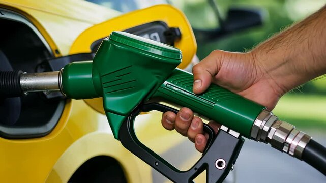 Adult   man refueling a yellow car with a green fuel pump at a gas station