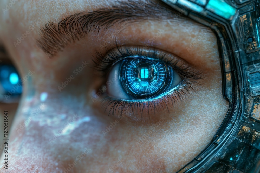 Poster close-up view of a human eye with futuristic technology and robotic features in a digital environmen