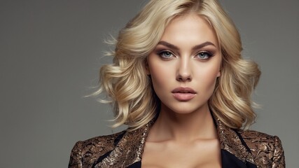 Fototapeta premium Glamorous blonde woman with stylish makeup and a patterned blazer poses in a studio setting.