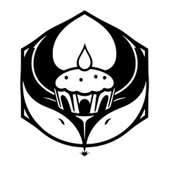 A black and white logo of a cupcake with a drop-like element