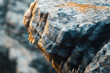 Close-up of a rugged, textured rock formation bathed in warm sunlight, showcasing its intricate details and natural beauty.