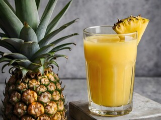 Pineapple juice in a clear glass and bottle on a light table. Half a pineapple and slices in the background. Palm leaves on a light background
