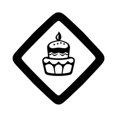 Black and White Cake Icon: Cake with a Candle within a Black Diamond Shape. A Simple, Clean Image.