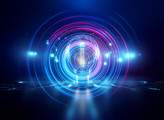 Double exposure image of glowing blue and pink circles forming a futuristic, abstract design. Light rings and beams create a portal effect in darkness.