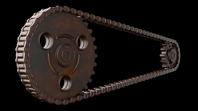 Chain and Sprocket dirty and old. Shows seamless looping behavior on black background and green screen. Suitable for use in industrial backgrounds. 3D Render.