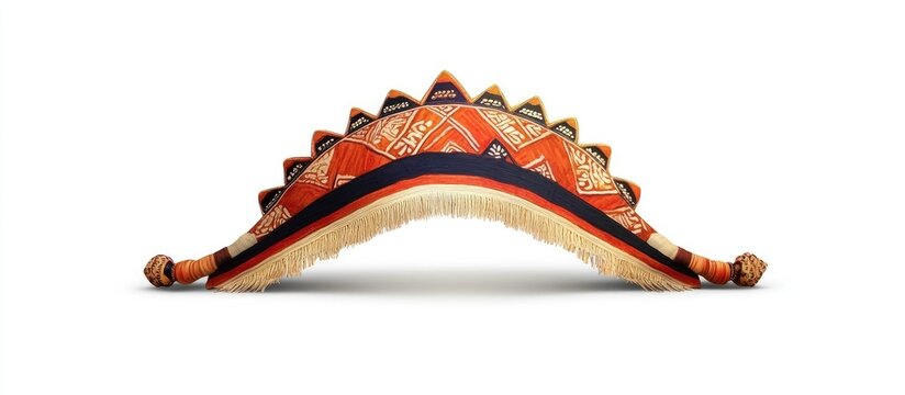 Assamese traditional japi hat displayed centrally with vibrant orange, red, and black patterns and fringed edges on a clean white background.