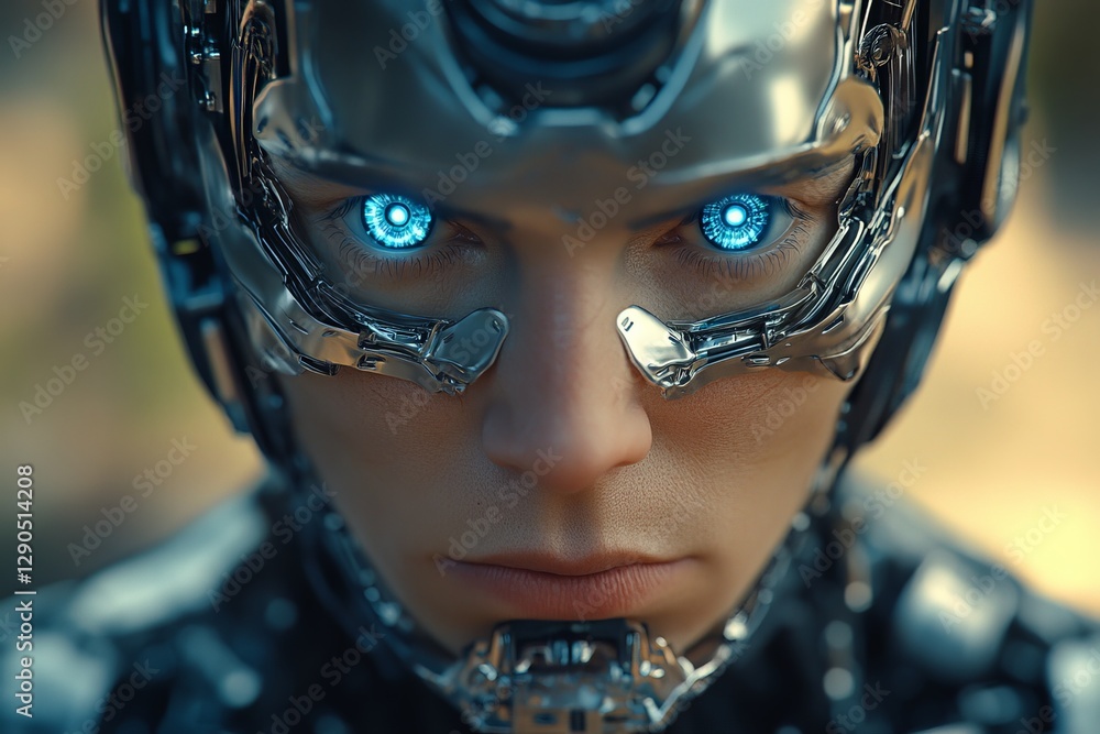 Aufkleber advanced cyborg with luminous eyes exploring futuristic technology in a high-tech environment