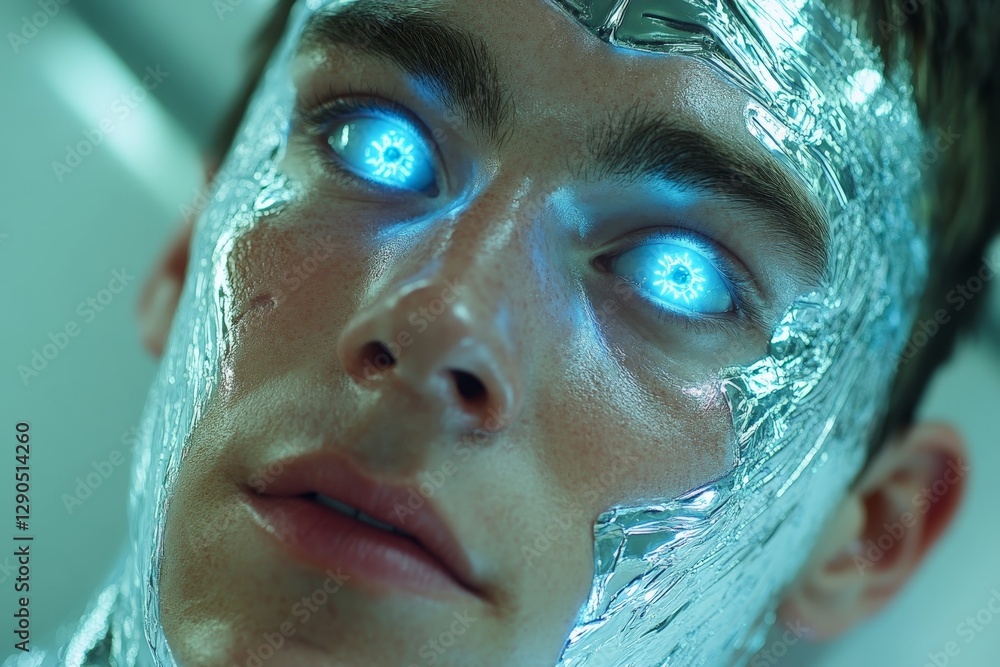 Aufkleber futuristic character with glowing eyes in metallic surroundings showcasing advanced technology and h
