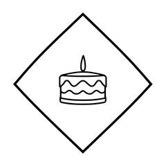 Simple birthday cake illustration enclosed in a diamond-shaped outline, featuring cake and candle.