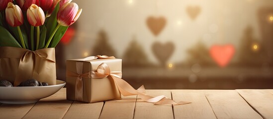 Valentine's Day celebration with pink and red tulips in a vase on a wooden table beside a gift box with a ribbon against a blurred heart background