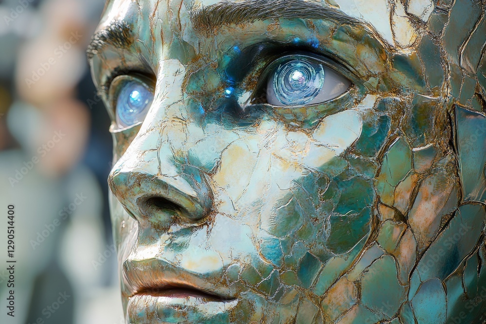 Poster detailed close-up of an artistic robot face showcasing intricate textures and glowing eyes
