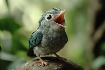 Cuckoo in slow motion singing amidst lush greenery of a tropical forest, cuckoo flies slow motion and sings