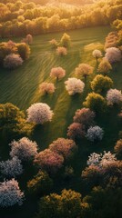 Blossoming trees golden sunset in spring landscape