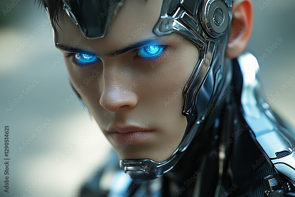 Poster futuristic cyborg with glowing blue eyes showcasing advanced technology in a modern urban setting