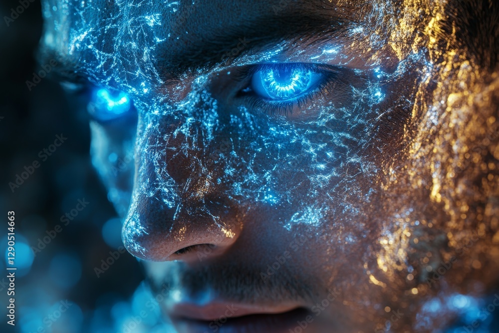 Aufkleber creative portrait capturing a man's face illuminated by glowing blue patterns showcasing a futuristi