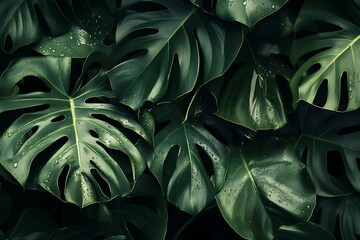 Lush monstera leaves with dew drops in dense tropical foliage