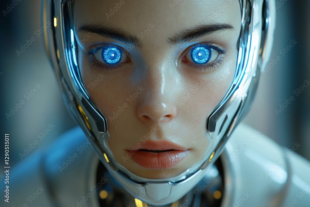 Aufkleber futuristic humanoid with glowing blue eyes and sleek metallic features in a technology-focused envir