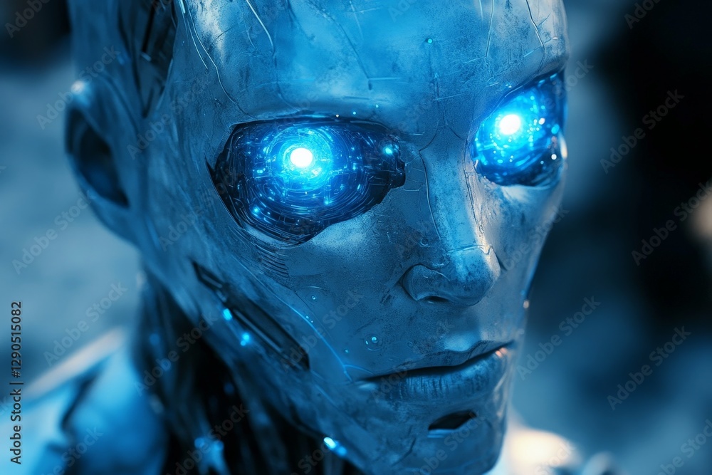Poster reflective robotic figure with glowing blue eyes in a futuristic setting