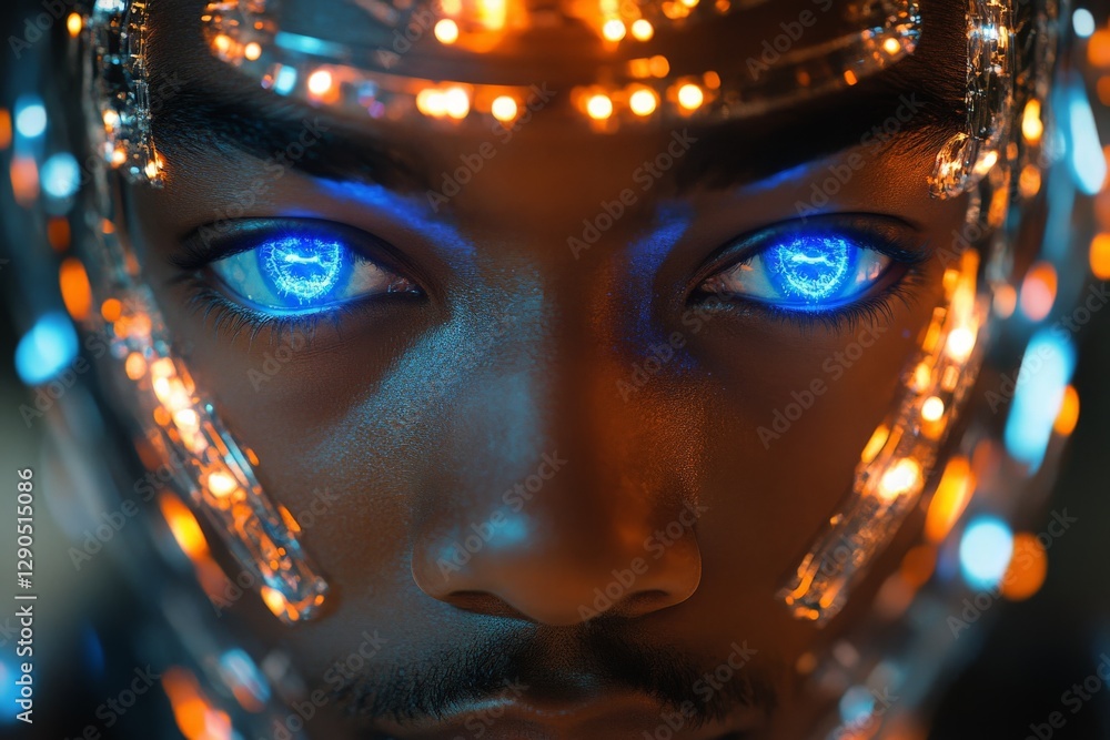 Poster futuristic portrait of a young person with glowing cybernetic eyes and intricate circuitry design at