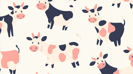 Set of bulls and cows farm animal cattle mammal nature beef domestic buffalo character vector seamless pattern background