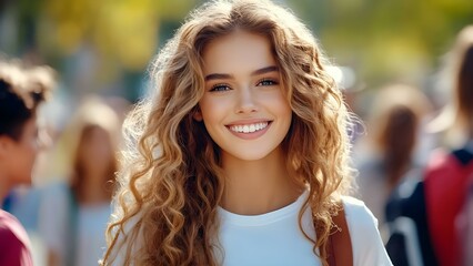 Fototapeta premium A young woman with curly hair smiles brightly at the camera, surrounded by a blurred background of people and greenery. Concept Smiling Portrait, Young Woman, Curly Hair, Blurred Background