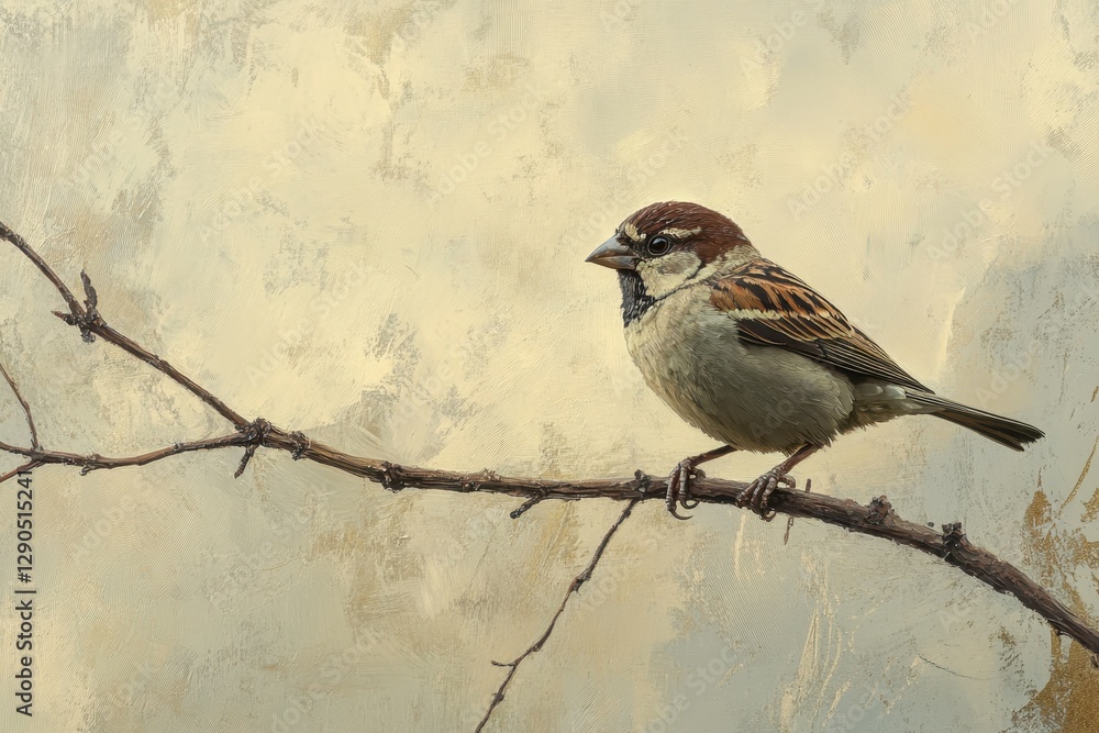 Poster sparrow perched on a dry branch looking curiously at its surroundings in a serene setting, wild bird
