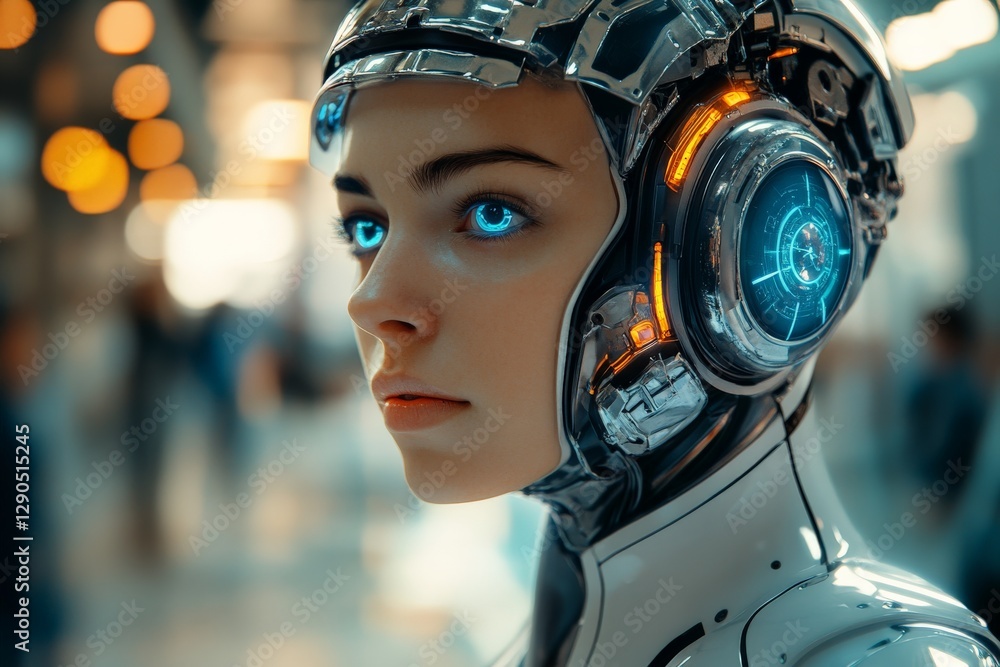 Fototapete human-like robot with glowing eyes in a modern setting showcases advanced technology and artificial 
