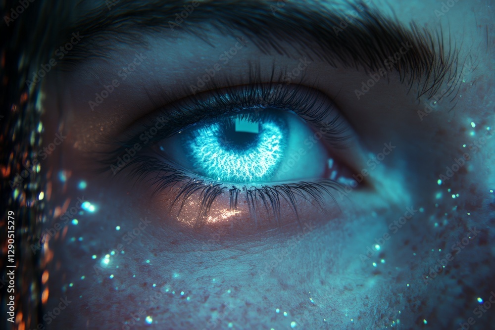 Aufkleber unique close-up of a striking blue eye sparkling with light and surrounded by shimmering particles
