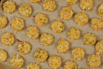 A top-down shot of baked soy patties arranged on parchment paper, showcasing their golden-brown color and textured surface