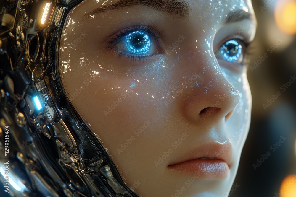 Aufkleber futuristic close-up of a humanoid android with glowing blue eyes in a high-tech environment