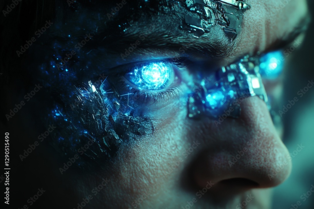 Poster futuristic cybernetic enhancement displayed on a human face with glowing blue elements and intricate