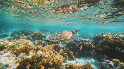 Fototapeta premium Graceful Sea Turtle Swimming Above Vibrant Coral Reef in Clear Aquatic Environment