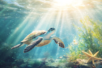 Sea turtle swims on the bottom of the blue ocean among sea inhabitants. Design template of the underwater world and biome diversity, for advertising diving, caring for nature and travel or vacation