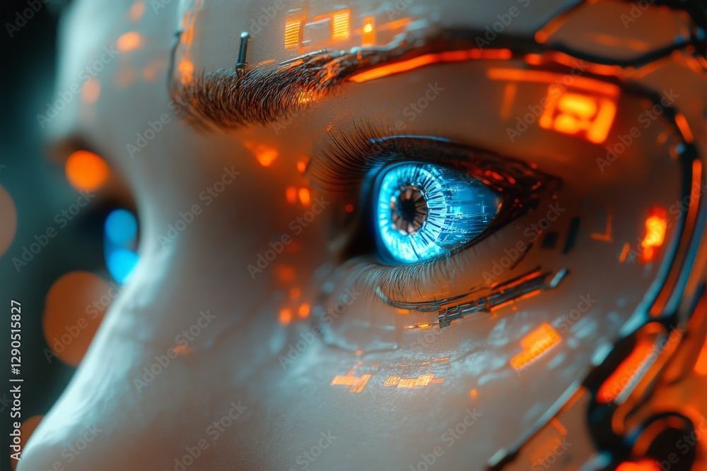 Poster Intricate close-up of a futuristic robotic eye with digital elements and glowing blue iris in a high-tech environment