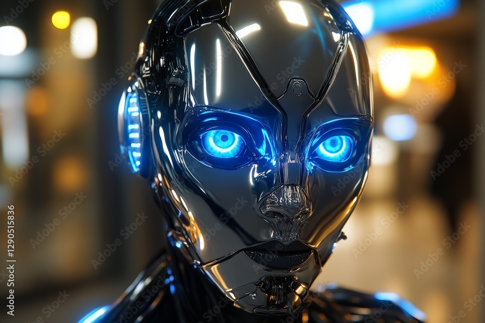 Leinwandbilder realistic humanoid robot with glowing blue eyes in a modern and futuristic setting