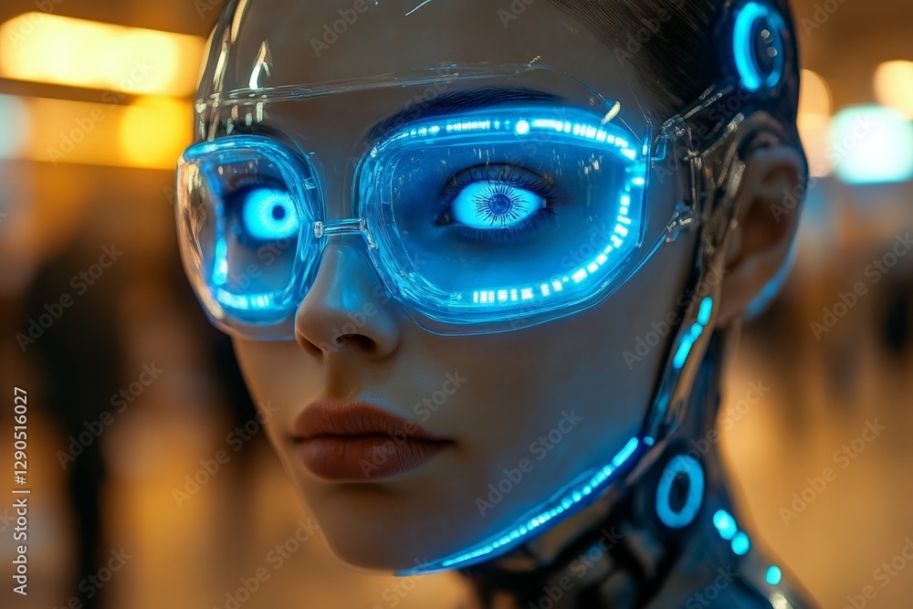 Poster futuristic humanoid with illuminated features and high-tech glasses in a bustling urban environment 