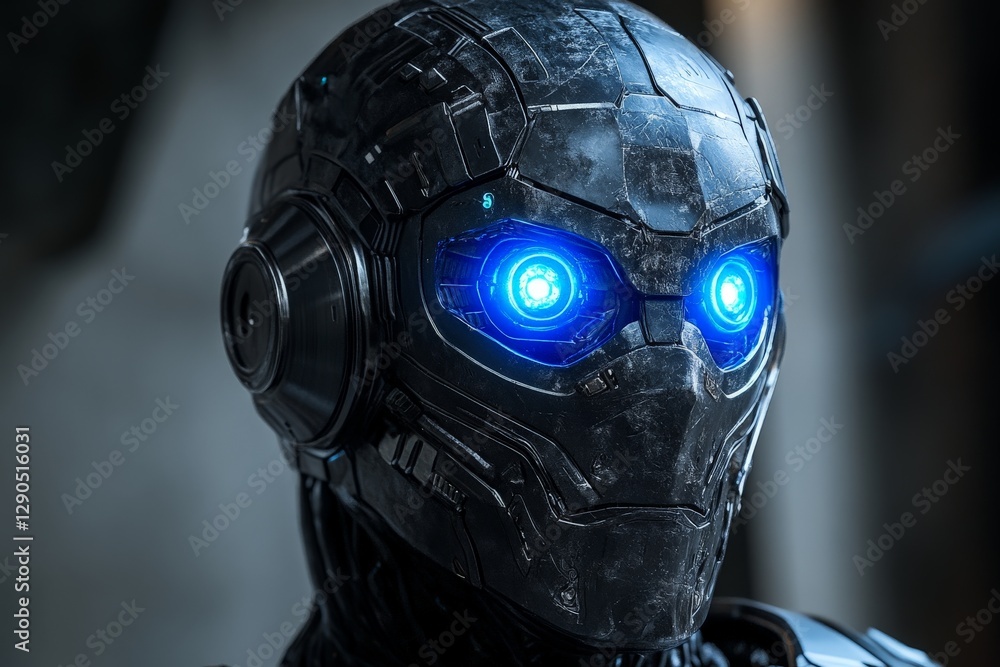 Poster robotic head with glowing blue eyes showcasing high-tech design elements in a futuristic setting