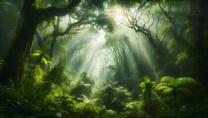 "Lush green rainforest with misty sunlight filtering through the dense canopy, symbolizing conservation and biodiversity."