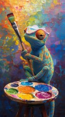 Obraz premium Colorful chameleon holding paintbrush in vibrant artistic setting