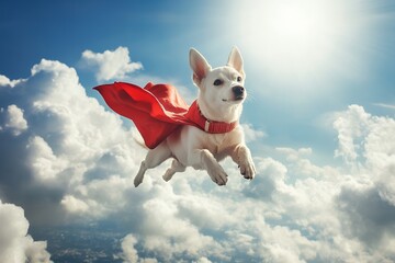 Small white dog in red cape flying through cloudy sky like superhero