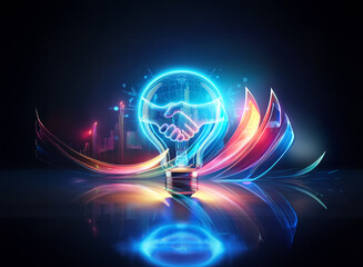 A double exposure image featuring a neon lightbulb with a handshake inside, surrounded by colorful energy swirls and a city skyline silhouette.