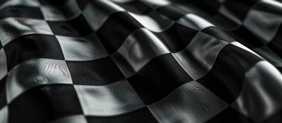 Elegant black and checkered flag background with smooth fabric folds creating ample copy space for text insertion in a dynamic sleek design