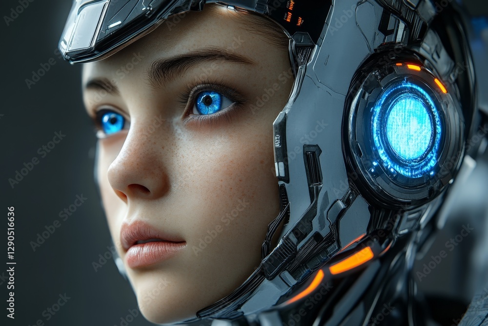 Leinwandbilder Futuristic female android with realistic features and luminous blue eyes captured in a high-tech environment