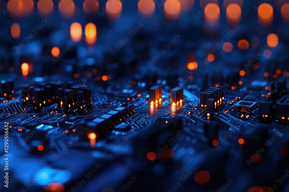 Aufkleber close-up of illuminated circuit board, showcasing intricate pathways and components, a technological