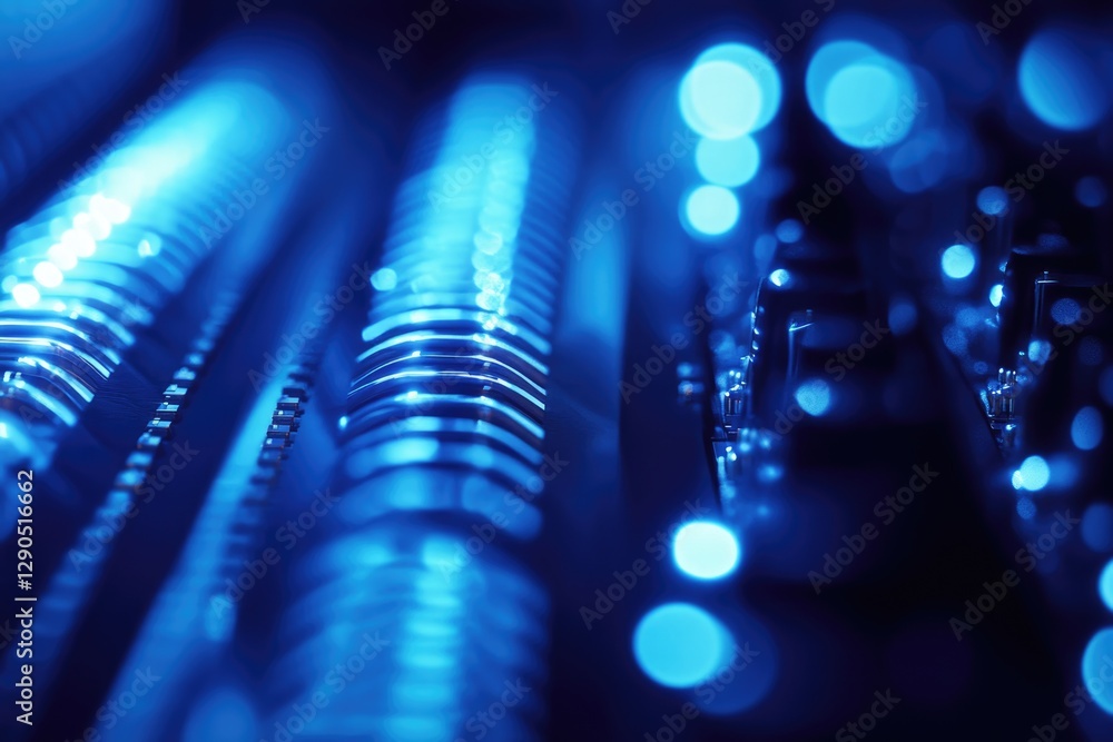 Poster abstract close-up of illuminated computer components, showcasing intricate details and vibrant blue 
