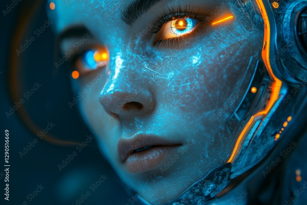 Fototapete Close-up view of a humanoid robot with glowing eyes showcasing advanced technology and cybernetic features in a futuristic setting