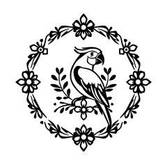 Parrot perched on a floral branch within a circular frame. Black and white, vector illustration of bird with flowers.