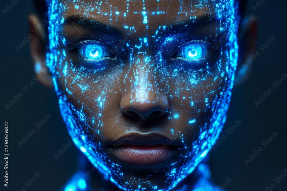 Poster digital face illuminated with blue light displays mesmerizing patterns at night