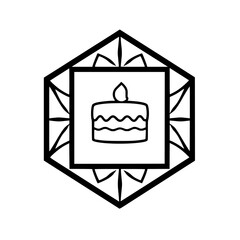 Cake with candle, set within a stylized geometric frame.